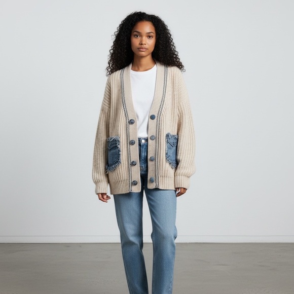 Women's Like Love Beige Cardigan with Denim Pockets S - Picture 13 of 15